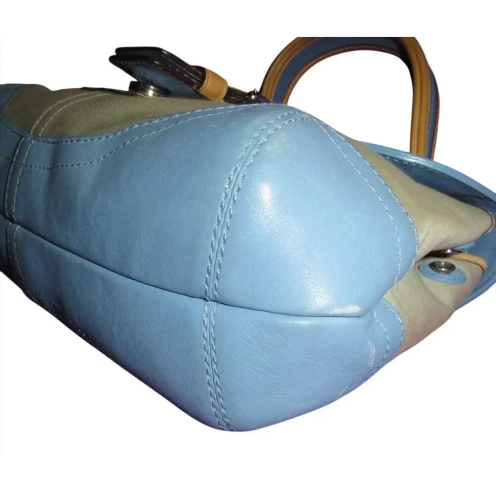 Coach 2004 Daisy Flap Hampton Cream Sateen & Blue and Tan Vachetta Leather